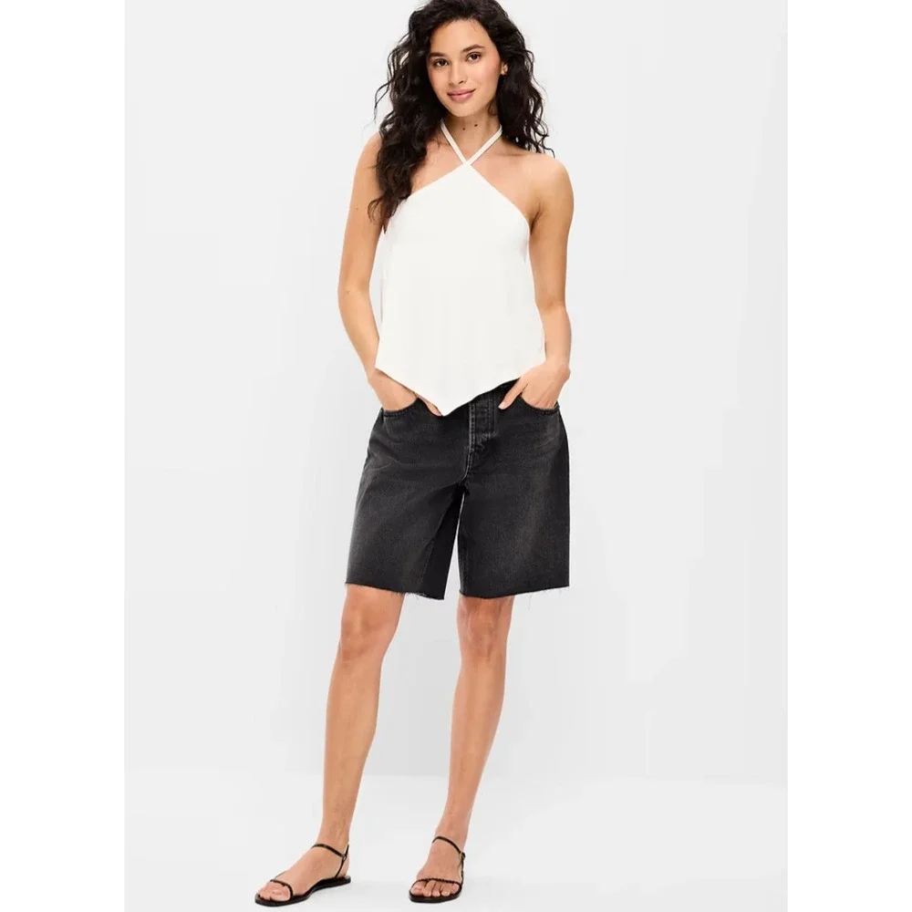 Old Navy Women's Mid-Rise Baggy Denim Shorts Black Button Fly Raw Hem Sz 14 NEW